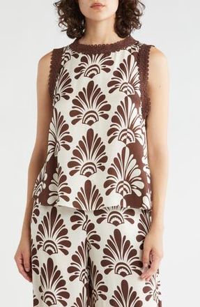 T Tahari Lace Trim Shell in Ivory/Brown Fan Print at Nordstrom Rack, Size X-Large
