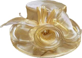 Generic Women Organza Church Hat Wide Brim Tea Party Hats Bridal Sun Cap Ladies Wedding Flower Fascinators Summer Bucket Hat for Holiday Yellow