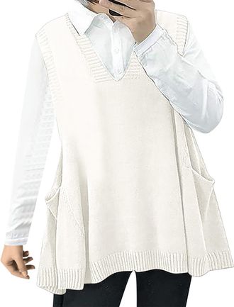 Generic Ladies Cable Knit Sleeveless Vest Womens Loose Swing Chunky Cotton Cute Sweater Tank Top Oversized Cable Knit Pullover Sweater With Pockets Winter Chu