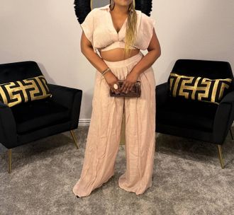 HYFVE Effortless Wrap Top And Wide Leg Pants Set In Almond