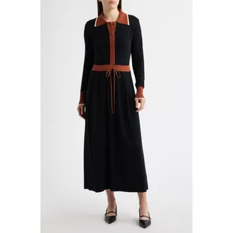 Julia Jordan Tipped Long Sleeve Drawstring Waist Sweater Dress in Black/camel at Nordstrom, Size X-Large