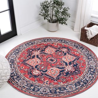 Jonathan Y Designs Cirali Ornate Large Medallion Machine-Washable Round Area Rug in Red/navy at Nordstrom, Size 6Ft 0In X 6Ft 0In