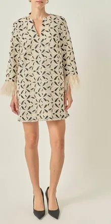 English Factory Crochet Minidress with Feather Cuffs in Cream/black at Nordstrom, Size X-Small
