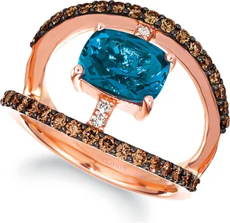 Le Vian Creme Brulee Ring Deep Sea Blue Topaz, Chocolate Diamonds, Nude Diamonds set in 14K Strawberry Gold Ring Size 7 R5874LBT/C2
