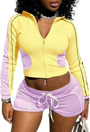 Generic Two Piece Sets for Women Casual Long Sleeve Crop Top Zipper Jacket Shorts Set Workout Sets Lounge Set Tracksuit (Yellow,L)