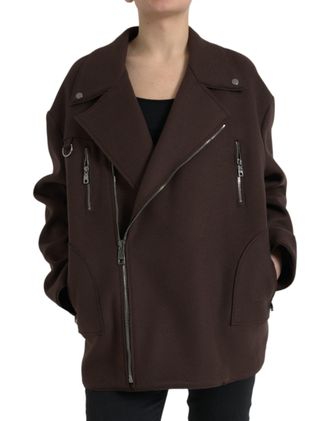 Dolce & Gabbana Womens Brown Coat Short Biker Wool Jacket