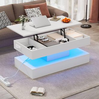 Merax White Lift Top LED Coffee Table with Charging Station