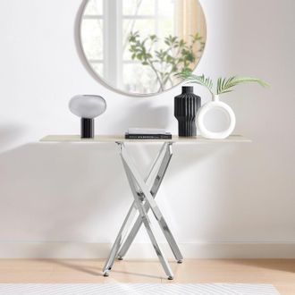 Furniturebox Leonardo Rectangular Marble Effect Glass Top Console Table With Silver Metal Starburst Legs in White