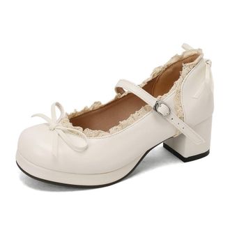 Generic Womens Mary Jane Pumps with Chunky Heel Sweet Style Shoes for Lolita,White,6.5 UK