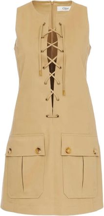 Chloé lace-up mini dress - women - Cotton/Cotton/Viscose/Buffalo Horn - 36 - Neutrals