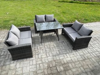 Fimous 6 Seater Rattan Wicker Garden Furniture Patio Conservatory Sofa Set with Rectangular Dining Table Love Seat Sofa in Dark Grey