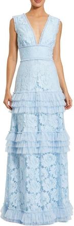 Mac Duggal V-Neck Lace Tiered Ruffle Gown in Powder Blue at Nordstrom, Size 10