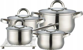Maestro Mr-2021 Bater&iacute;a De Cocina Acero Inoxidable, 8 Piezas, Inducci&oacute;n, 3 Cacerolas, 1 Cazo, 4 Tapas De Cristal + Salvamanteles De Acero Inoxidable, Apta Par