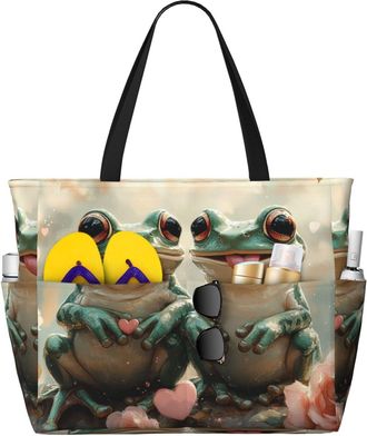 Generic Cute Frog Print Large Beach Bag Foldable Travel Shoulder Tote Bag With Pocket For Weekender Pool Vacation