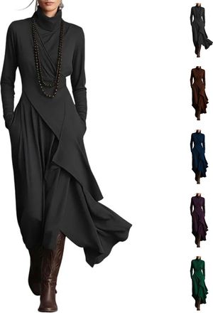 Generic Womens Elegant High-Neck Asymmetrical Maxi Dress, Long Sleeve Stretch Knit Ruffle Asymmetrical Dress (Black,XXL)