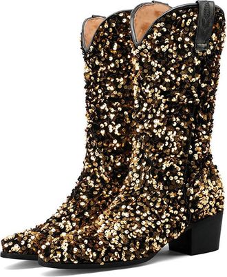 Generic Womens Sequins Sparkly Western Cowgirl Boots Pointed Toe Chunky Heels Mid Calf Pull On Wedding Party Performance Shoes (5.5,Gold)