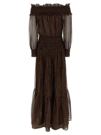 Self Portrait Off-Shoulder Georgette with Lam&eacute; Dress - Brown