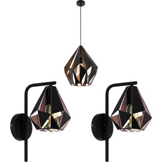 Loops Ceiling Pendant Light & 2x Matching Wall Lights Black Copper Geometric Shade