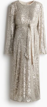 H&M MAMA Paillettenkleid mit Bindegürtel - Beige