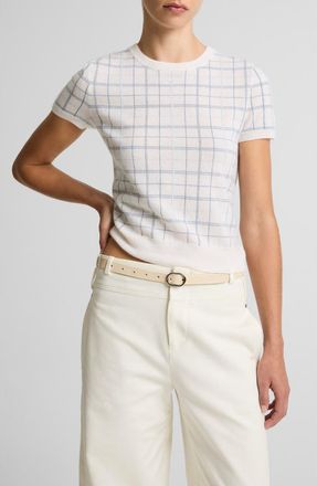 Vince Plaid Short Sleeve Cashmere, Wool & Silk Sweater in Lagoon Combo at Nordstrom, Size Xx-Small