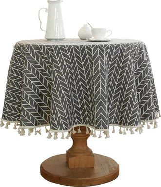 No Brand Mantel Redondo -mantel A Rayas Con Borlas De Mezcla De Algod&oacute;n Y Lino -lavable -ideal Para La Decoraci&oacute;n De Mesas De Cocina Y Comedor -redonda -150 X 