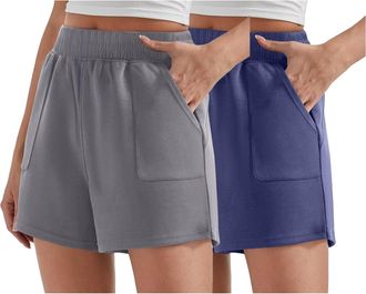 Generic Womens Shorts for Summer High Waist, 2PC Unisex Solid Color Elastic Waist with Pockets Plus Size Sports Outer Wear Knee Length Soft Comfortable Casual