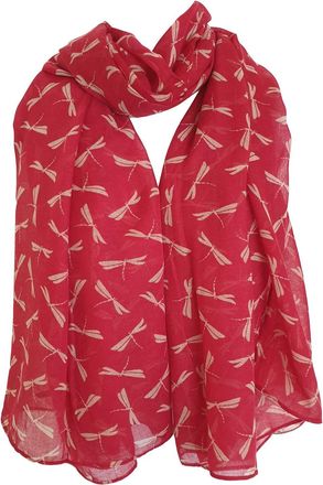 GlamLondon Dragonfly Scarf, Womens Dragon fly print scarves, Pink, Blue, White Colours, Small Dragonflies (AMZ - Red)