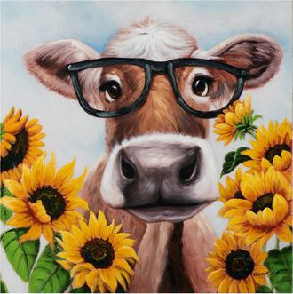 Schubiger M&ouml;bel Bild Kuh mit Brille im Sonnenblumenfeld