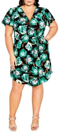 City Chic Tulip Short Sleeve Crepe Dress in Blk Tulip Bloom at Nordstrom Rack, Size Xs/14W