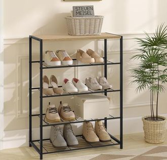 Woltu Banc Etag&egrave;re &Agrave; Chaussures Woltu - 12 Paires De Chaussures - Avec 4 &Eacute;tag&egrave;res - Meuble De Rangement - En Mdf Et M&eacute;tal