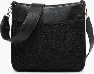 Jen & Co. Womens Chloe Teddy Trim Crossbody Bag With Guitar Strap In Black