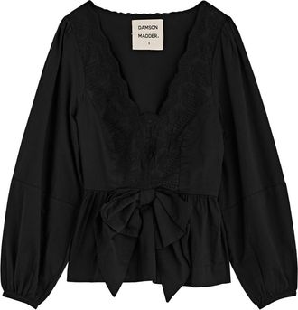 Damson Madder Eugenie Bow-embellished Cotton Blouse - Black - 14 (UK14 / L)
