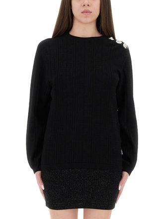 Balmain Black Textured Round Neck Sweater