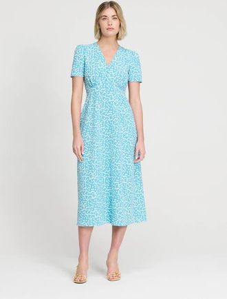 Finery Nieve V-Neck Short Sleeve Midi Dress in Blue Cherry Spot at Nordstrom, Size 12