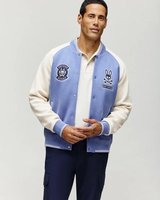 Psycho Bunny Mens Ryder Knit Varsity Bomber 489 BLUE ICE / S
