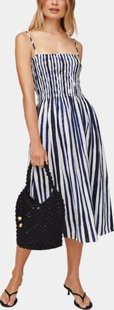 Bella Dahl Smocked Midi Linen Dress In Blue / White Stripe