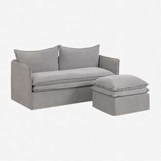 Sklum Conjunto De Sal&oacute;n Con Sof&aacute; De 2 Plazas Y Puff En Lino Y Algod&oacute;n Grace Sklum