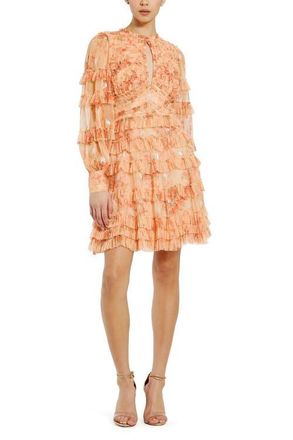 Mac Duggal Key Hole Detail Long Sleeve Dress in Peach Multi at Nordstrom, Size 10