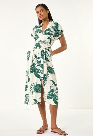 Roman Leaf Print Belted Midi Shirt Dress