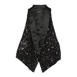 Emporio Armani Jassen, Dames, Zwart, M, Pailletten, Georgette Gilet met Overal Kralen en Pailletten