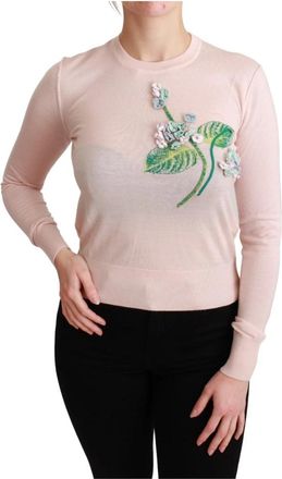 Dolce & Gabbana Crewneck Lange Mouw Pullover - Dames - Cashmere truien - Roze - 2XS - Truien & Vesten