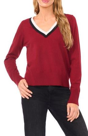 CeCe by Cynthia Steffe Scalloped Trim V-Neck Sweater in Mulberry Red at Nordstrom Rack, Size X-Small