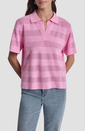 DKNY Sheer Stripe Polo in Bright Peony at Nordstrom, Size X-Small