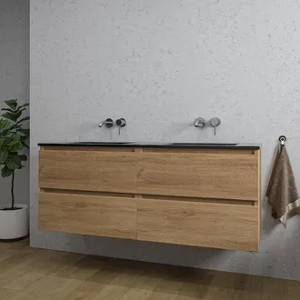 Saniclass Chaci Badkamermeubelset - 140x46x55cm - keramische wastafel zwart - 2 wasbakken - zonder kraangaten - 4 lades - eiken