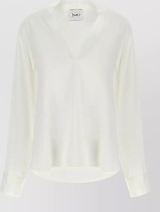Nude asymmetric v-neck long-sleeve blouse