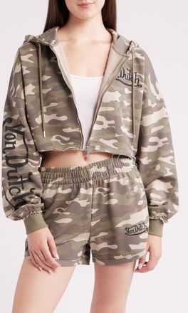 Von Dutch Camo Logo Cropped Full Zip Hoodie in Olive Night Camo at Nordstrom, Size X-Large