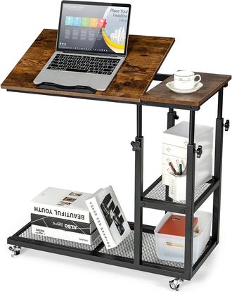 Costway Costway - Mesita Lateral M&oacute;vil 80 X 40 X 64-95 Cm Con Forma De C Con Repisas/mesita Altura Regulable Para Ordenador Con Superficie Inclinable 0&deg; A 32,