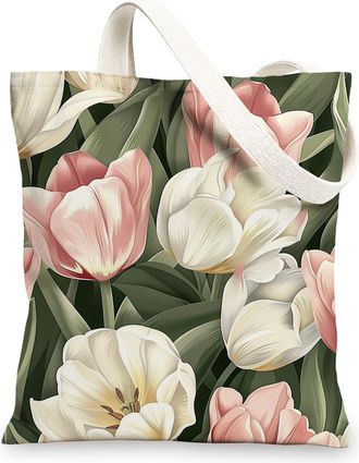 Generic Tulips Canvas Tote Bags, Floral Plant Design Reusable Grocery Bags, Elegant Vintage Lightweight Washable Shoulder Strap Can, White, 13x15 Inch