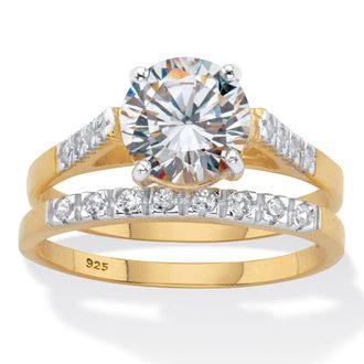 Palm Beach Jewelry 2.24 Cttw. Round-Cut CZ Two-Tone Gold-Plated Silver 2 Piece Bridal Ring Set