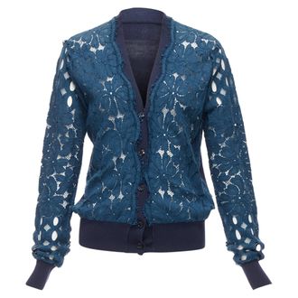 Lanvin Silk Cotton Floral Lace Sheer Long Sleeve V Neck Cardigan